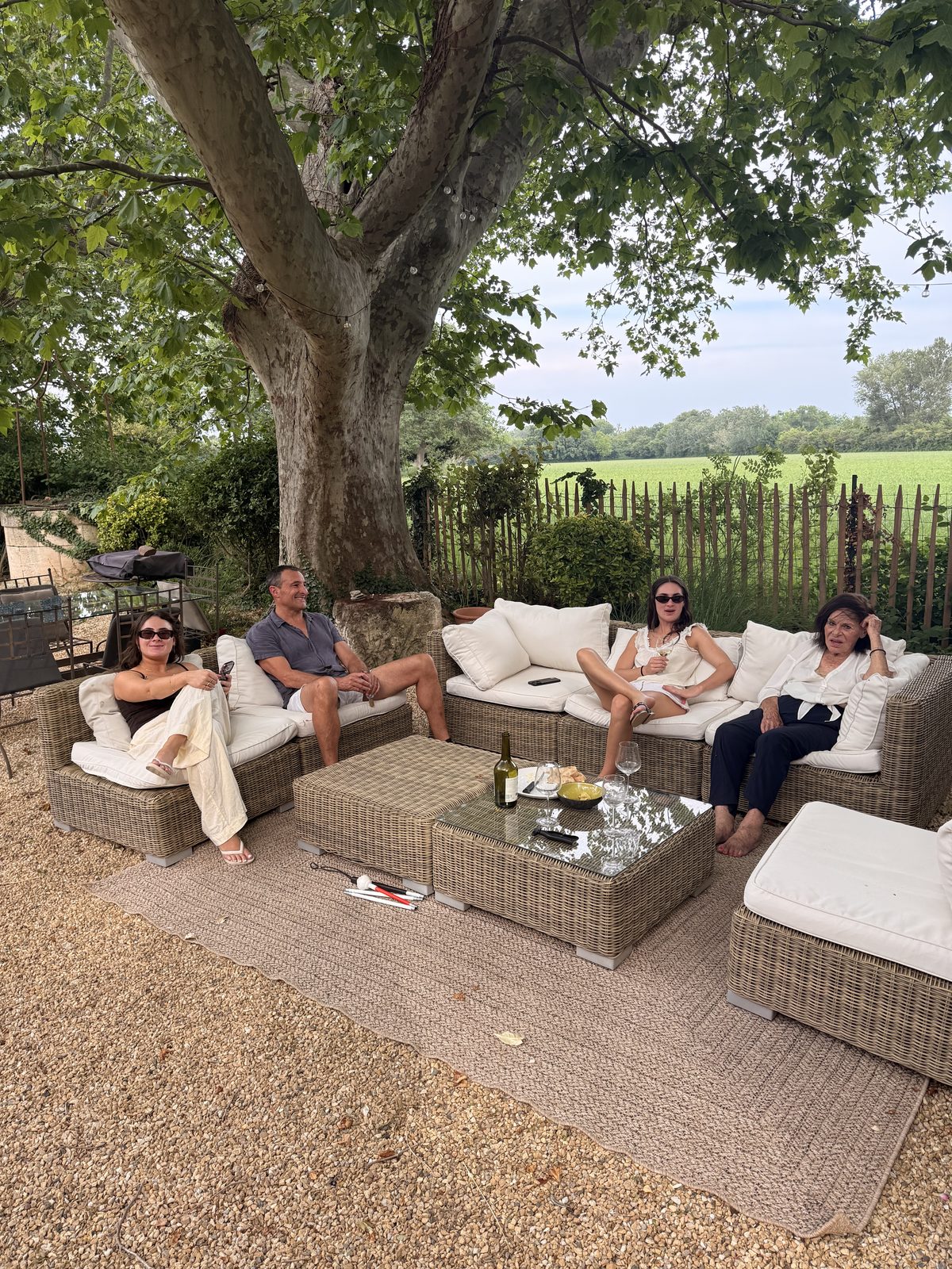 The family on outdoor sofas beneath the great plane tree at the mas, fields beyond