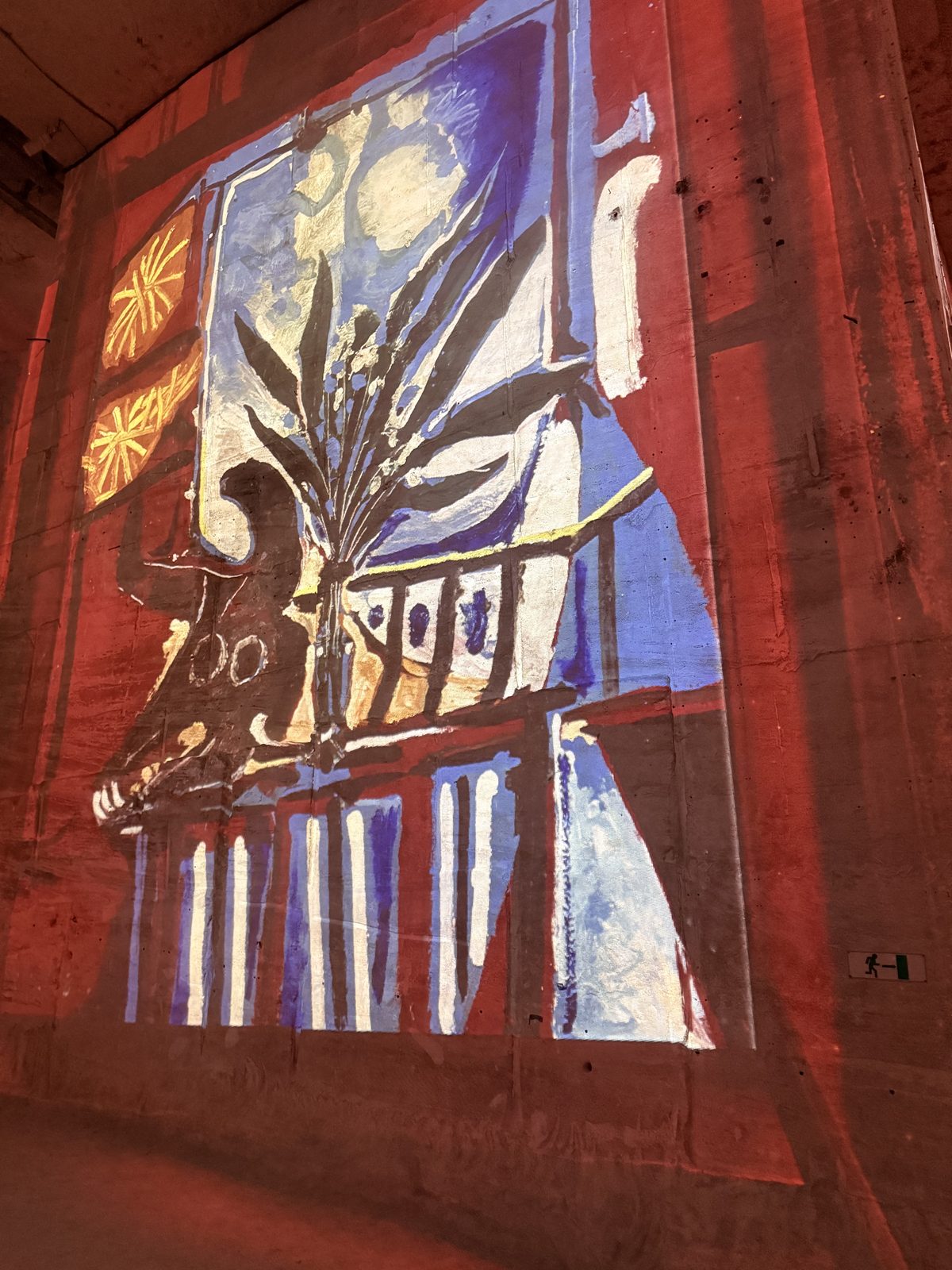 A large Picasso bull's head projected across the quarry wall in red, blue and white