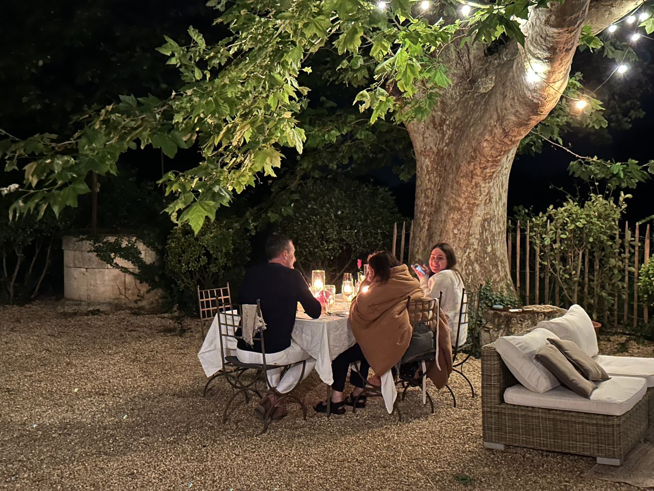 A long table set for dinner under a great tree strung with lights, at dusk in the garden of a mas